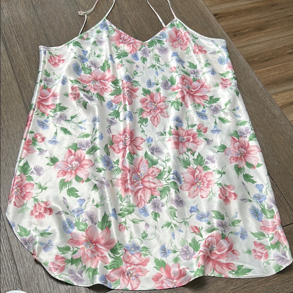 Vintage paper tag Dentelle Ivory Floral Polyester Slip‎ Dress Nightgown Large